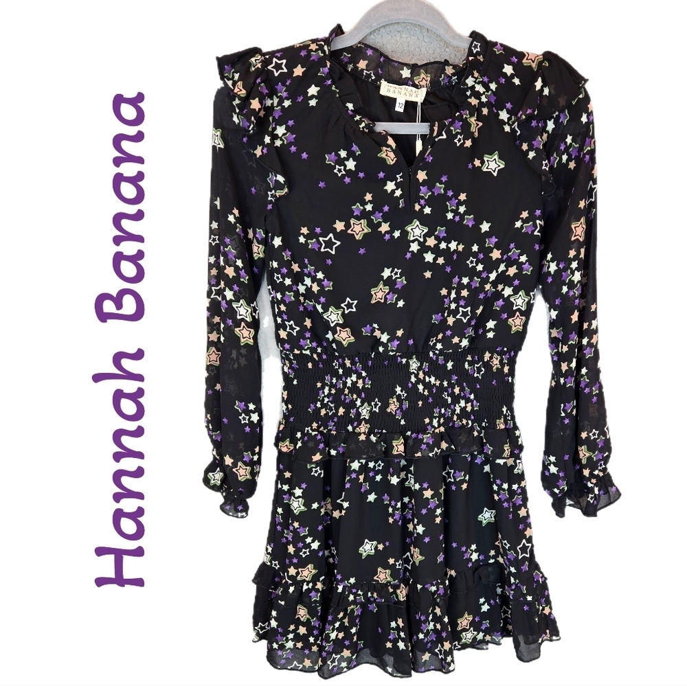 Hannah Banana Girls Dress Sz 12 Black Chiffon With Stars Long Sleeves Ruffles